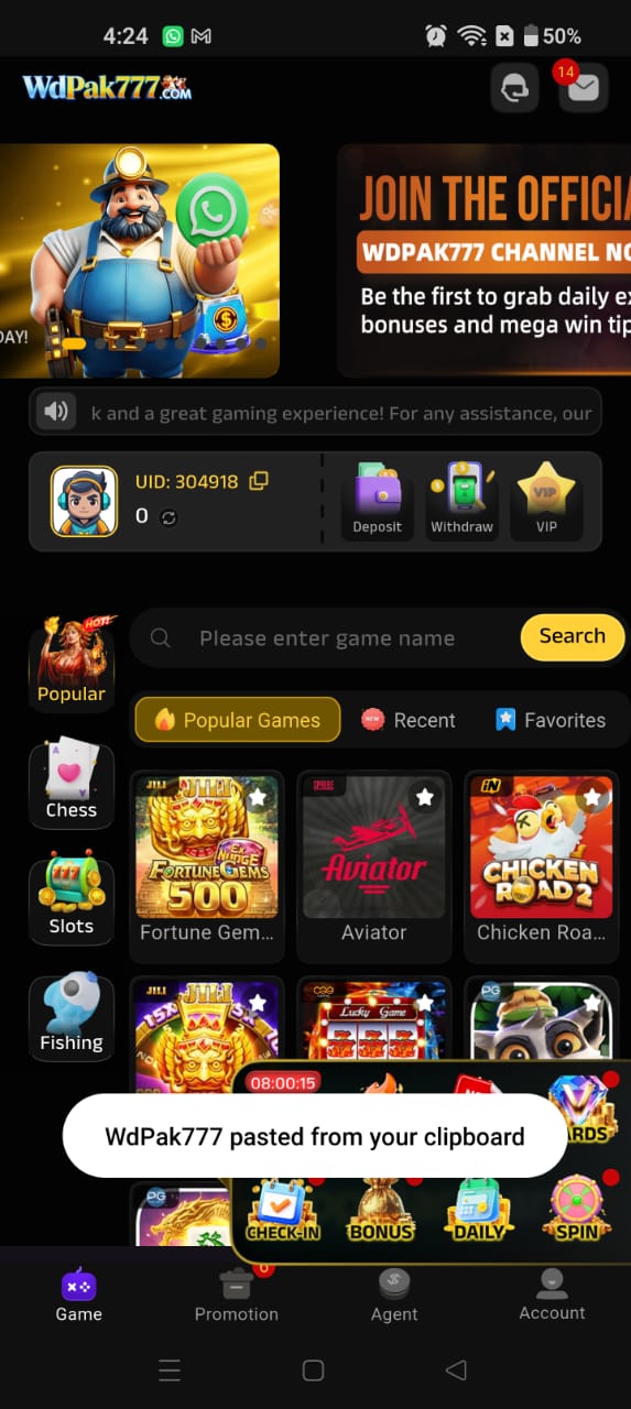 WDPAK777 Bonus screen